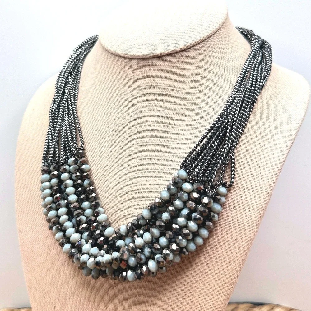 Chic Cluster Statement Necklace Black Gray Faceted Hematite Crystal Multi Strand